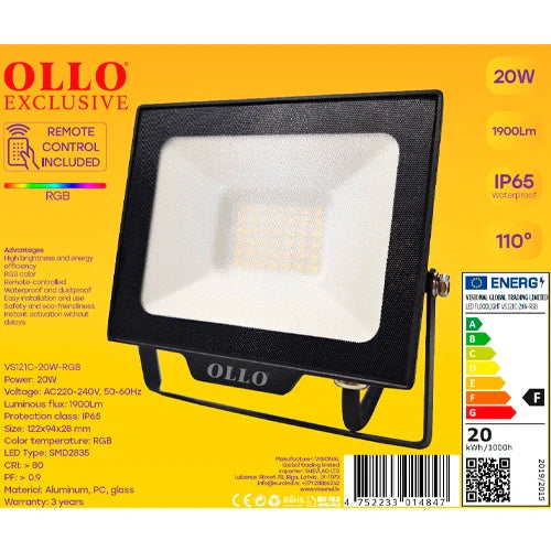 LED Kosteenkestävä ulkovalaisin kaukosäätimellä 20W, 1900Lm, RGB, IP65