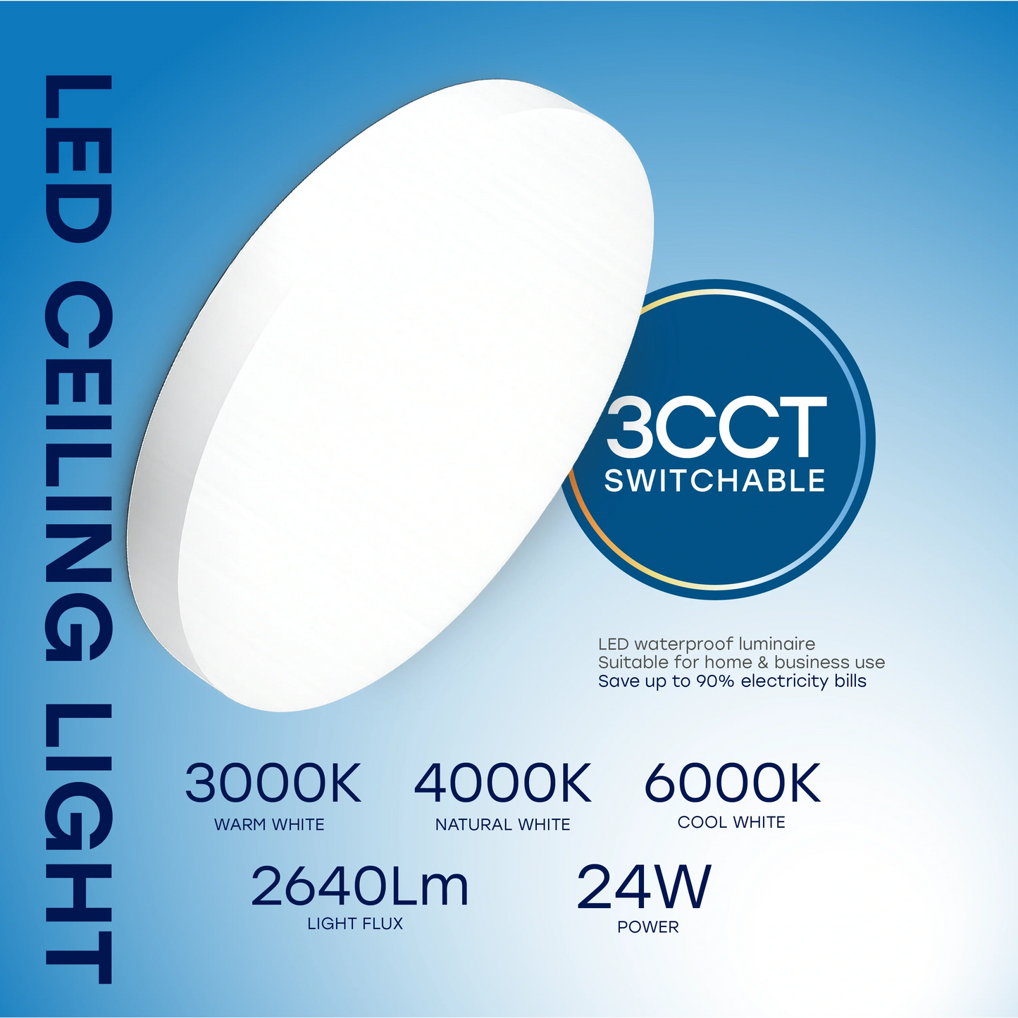 LED Vesitiivis valaisin 24W, 3CCT, 2640Lm, IP54, Ø 300 x 42 mm