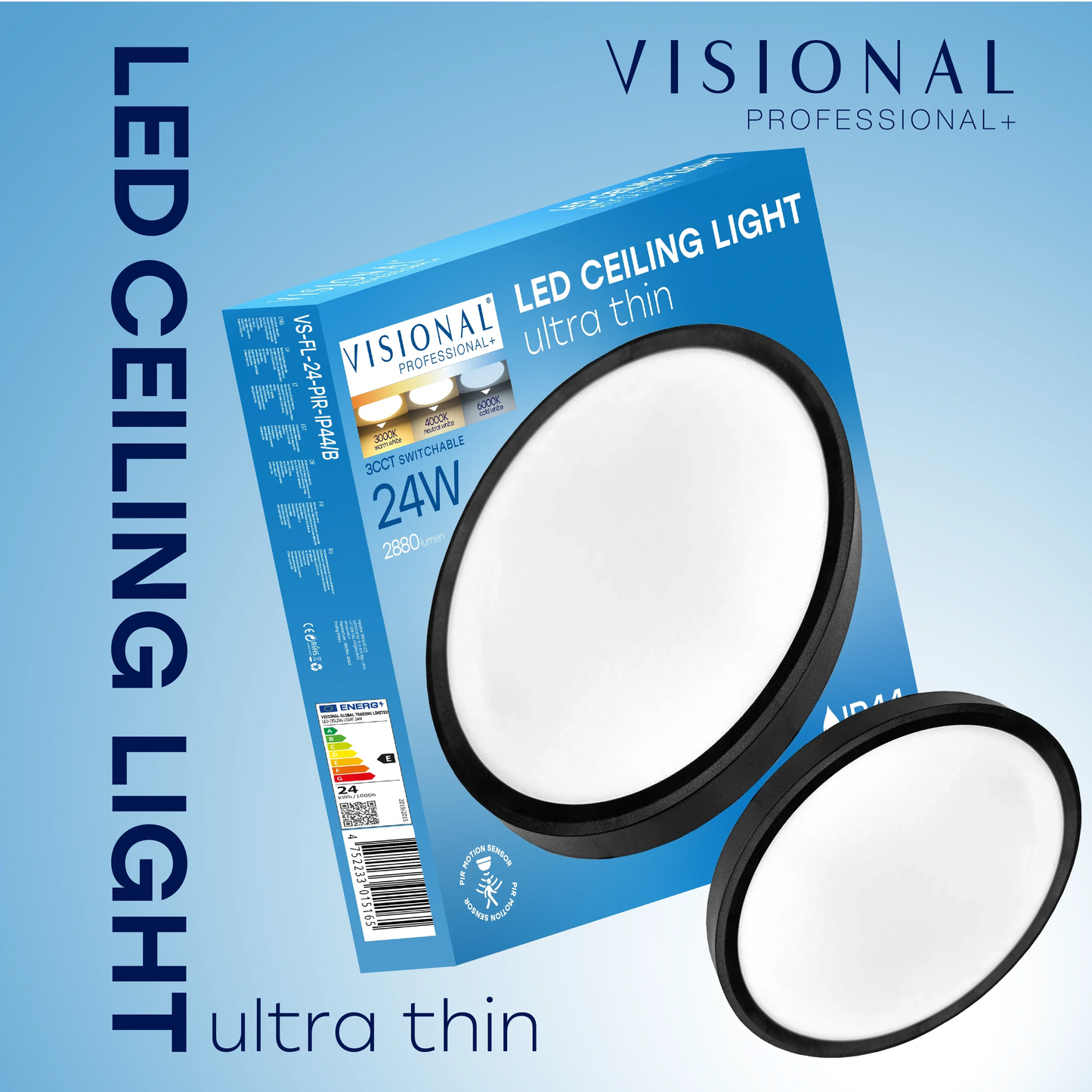 LED Vesitiivis valaisin PIR-liiketunnistimella 24W, 3CCT, 2880Lm, IP44, Ø 300 x 25 mm