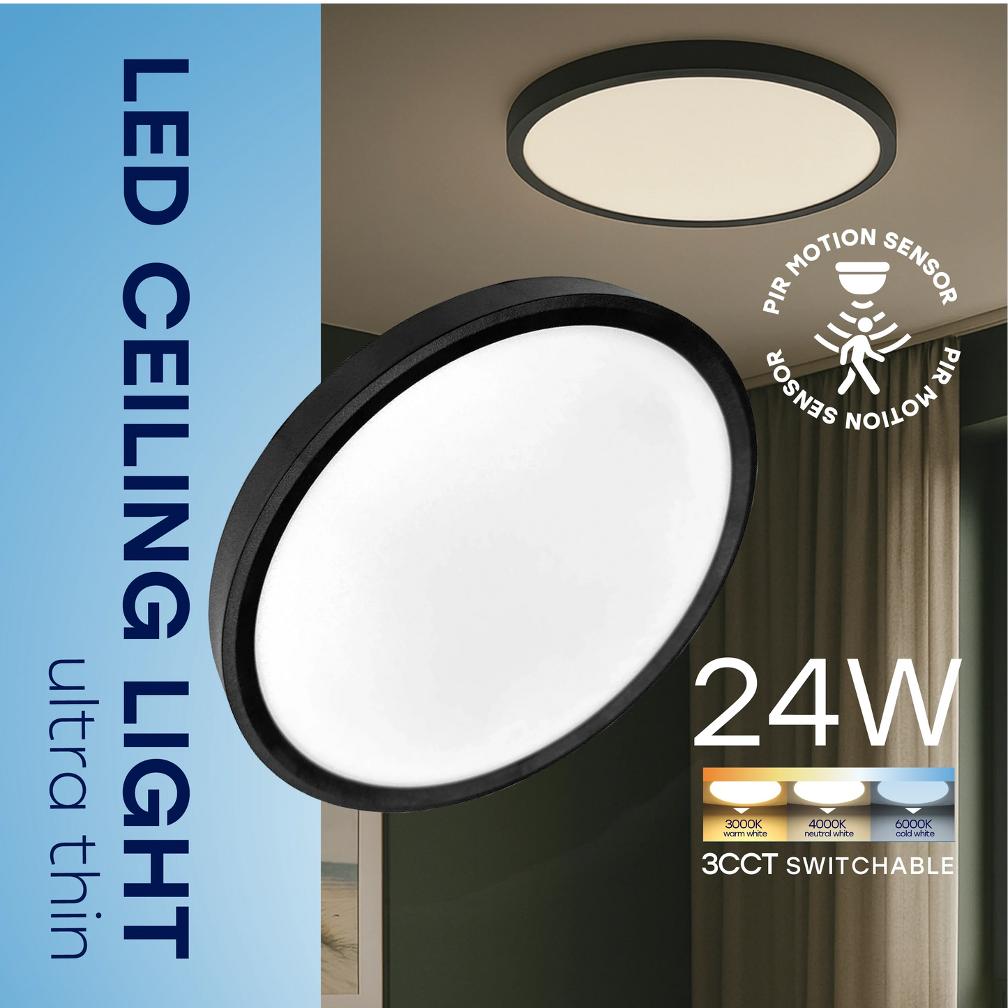 LED Vesitiivis valaisin PIR-liiketunnistimella 24W, 3CCT, 2880Lm, IP44, Ø 300 x 25 mm