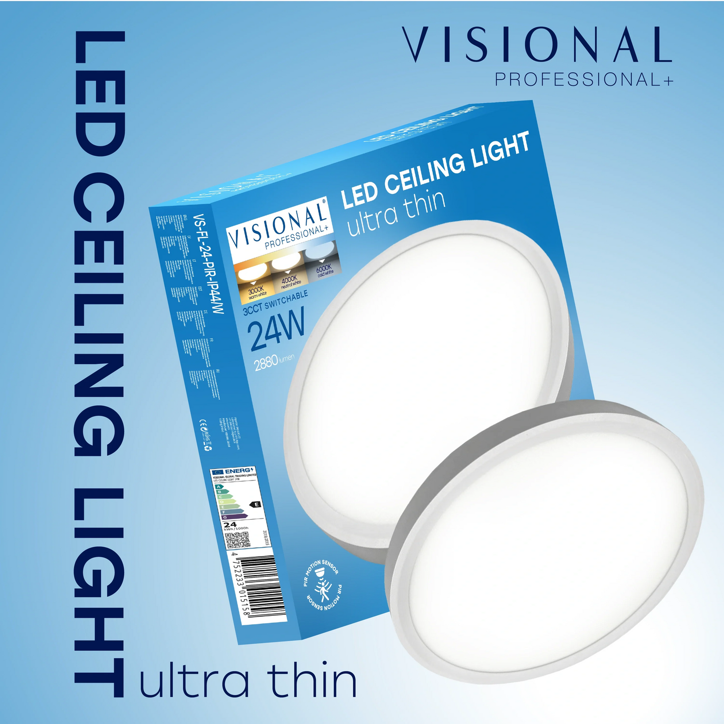 LED Vesitiivis valaisin PIR-liiketunnistimella 24W, 3CCT, 2880Lm, IP44, Ø 300 x 25 mm