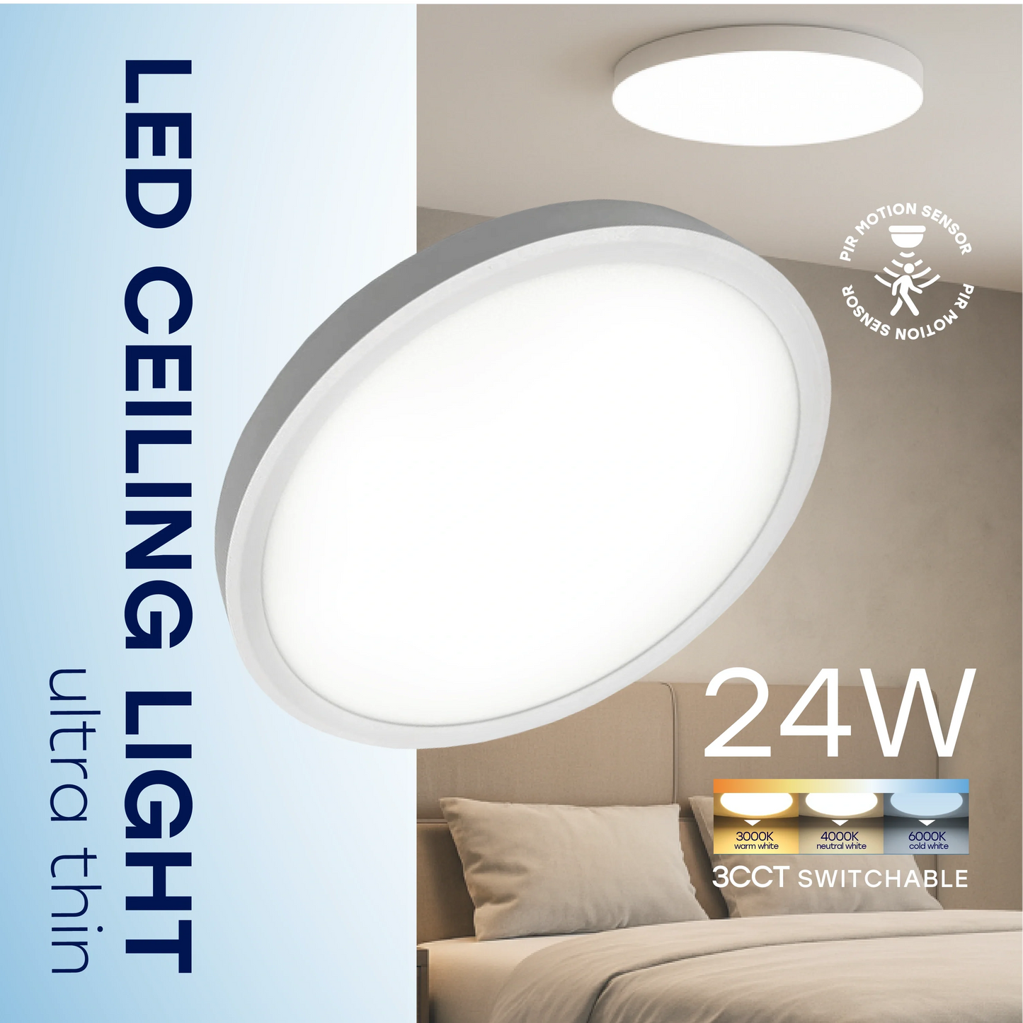 LED Vesitiivis valaisin PIR-liiketunnistimella 24W, 3CCT, 2880Lm, IP44, Ø 300 x 25 mm