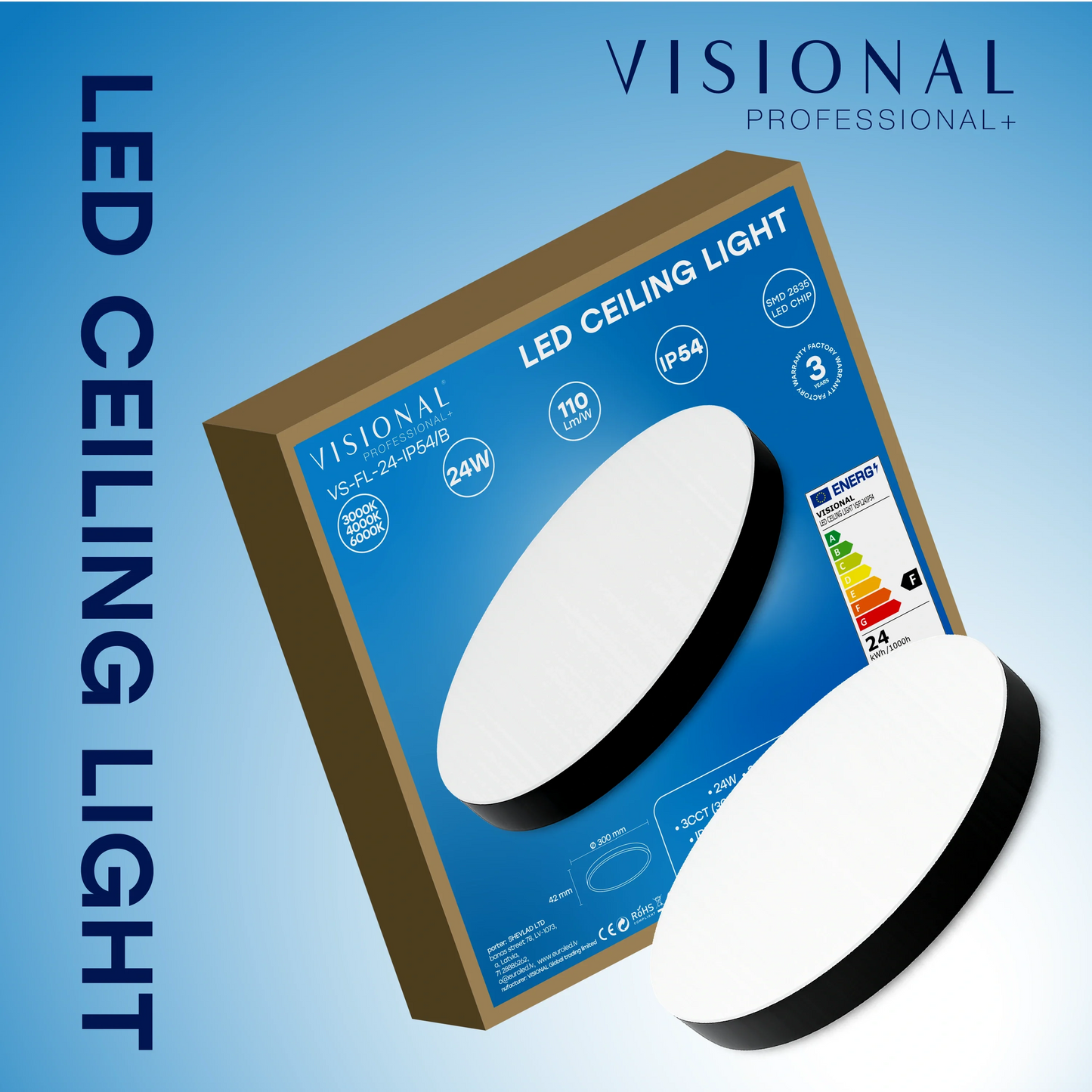 LED Vesitiivis valaisin 24W, 3CCT, 2640Lm, IP54, Ø 300 x 42 mm