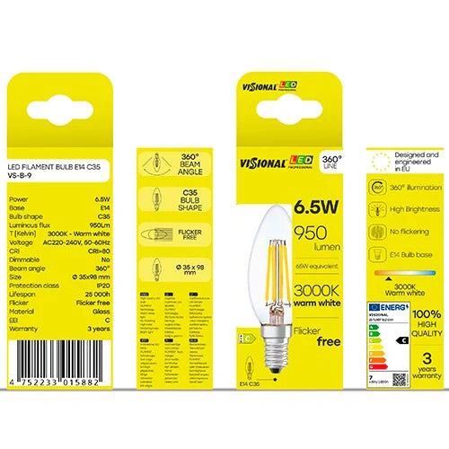 LED Filamenttipolttimo E14, C35, 6.5W, 950lm, 3000K, 360°