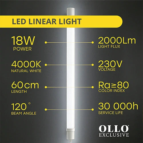 LED Kostean kestävä lineaarinen valaisin 60cm, 18W, 4000K
