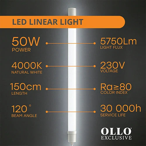 LED Kosteenkestävä lineaarinen valaisin 150cm, 50W, 4000K