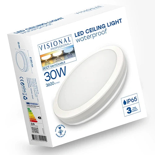 LED Vesitiivis valaisin PIR-liiketunnistimella 30W, 3CCT, 3600Lm, IP65, Ø 300 x 55 mm