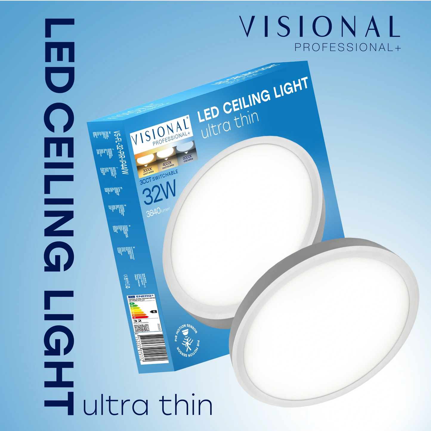 LED Vesitiivis valaisin PIR-liiketunnistimella 32W, 3CCT, 3840Lm, IP44, Ø 400 x 25 mm