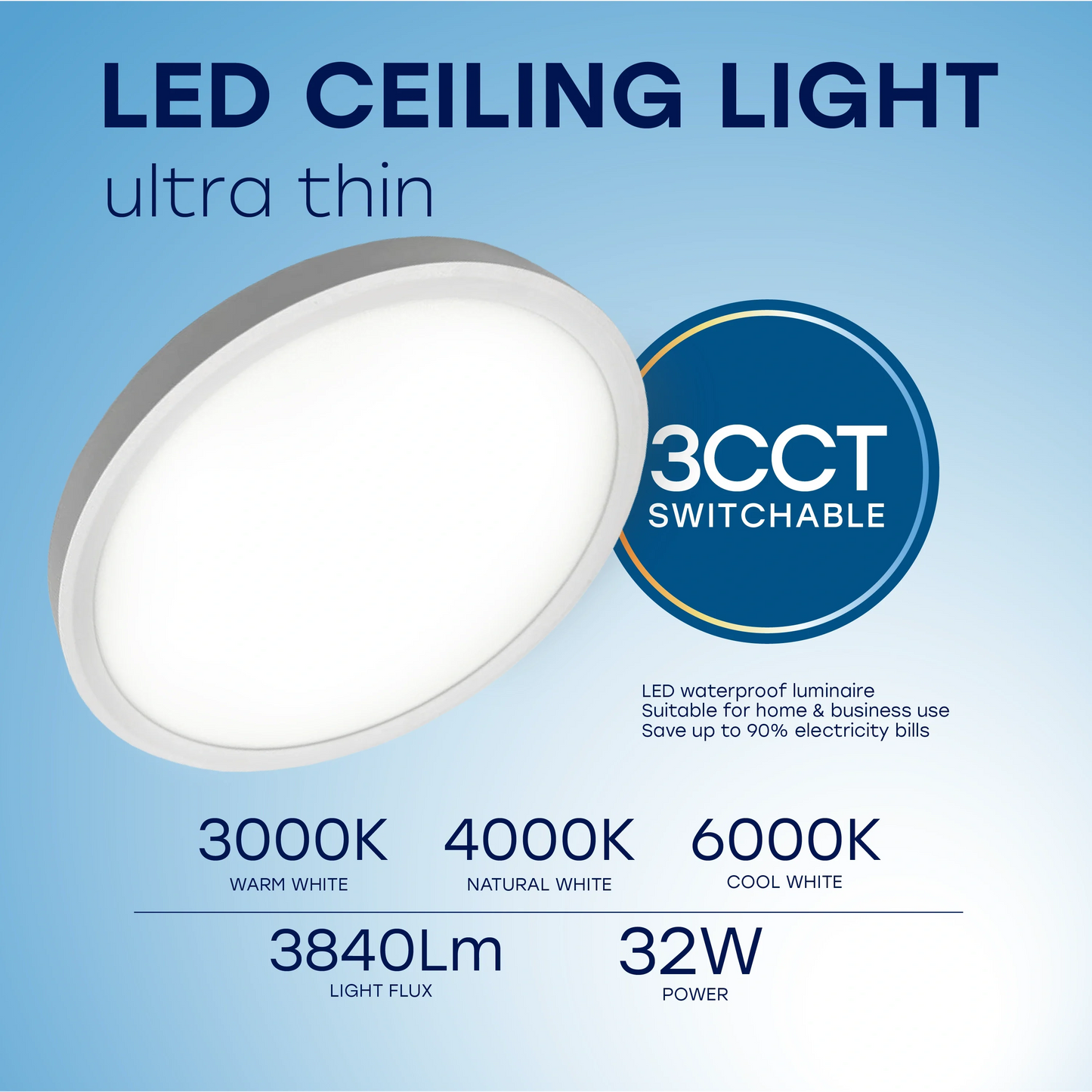 LED Vesitiivis valaisin 32W, 3CCT, 3840Lm, IP44, Ø 400 x 25 mm