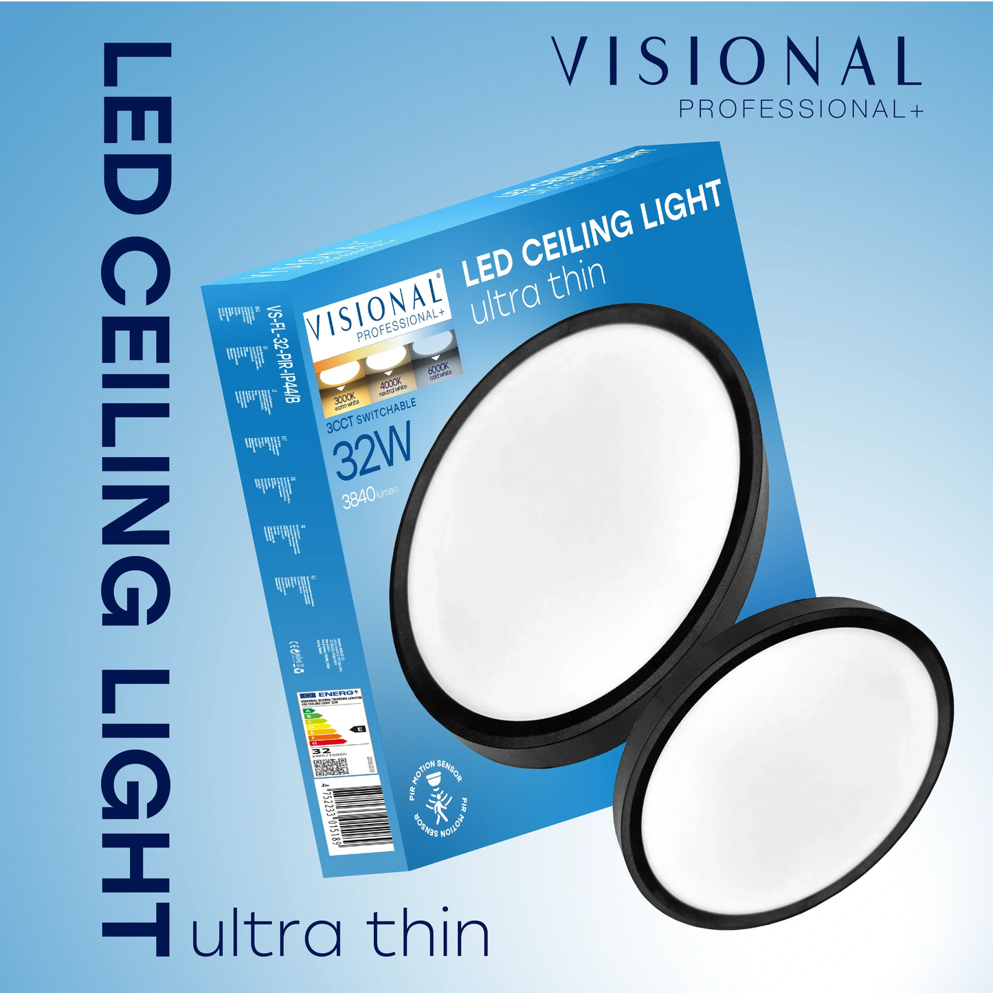 LED Vesitiivis valaisin PIR-liiketunnistimella 32W, 3CCT, 3840Lm, IP44, Ø 400 x 25 mm