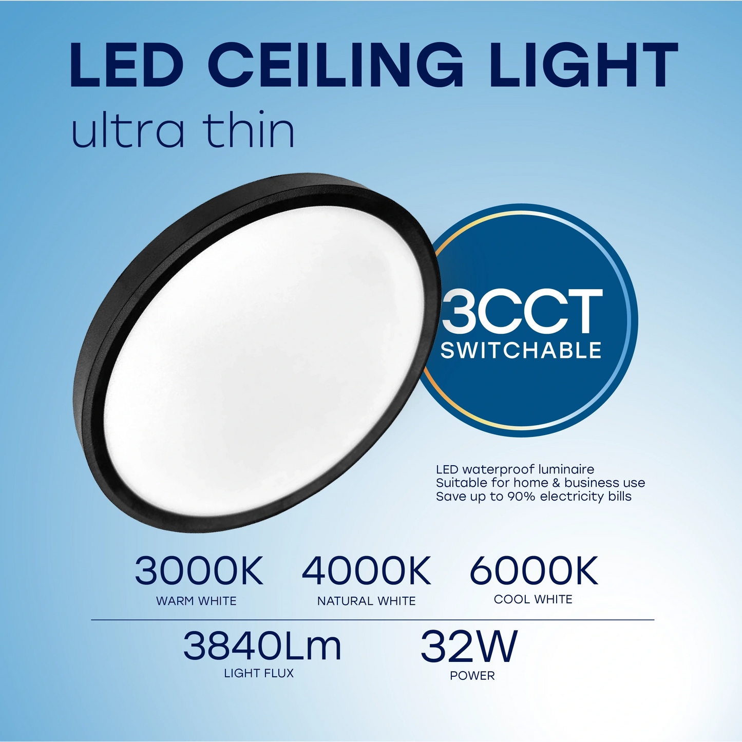 LED Vesitiivis valaisin PIR-liiketunnistimella 32W, 3CCT, 3840Lm, IP44, Ø 400 x 25 mm