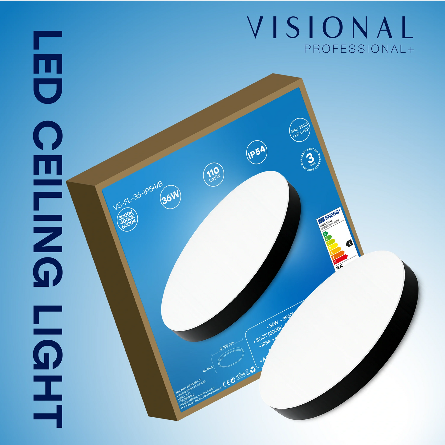 LED Vesitiivis valaisin 36W, 3CCT, 3960Lm, IP54, Ø 400 x 42 mm