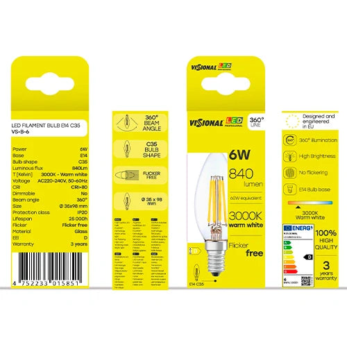 LED Filamenttipolttimo E14, C35, 6W, 840lm, 3000K, 360°