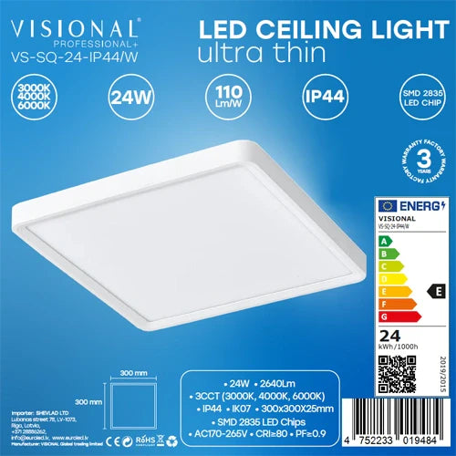 LED Vesitiivis valaisin 24W, 3CCT, 2640Lm, IP44, 300 x 300 x 25 mm