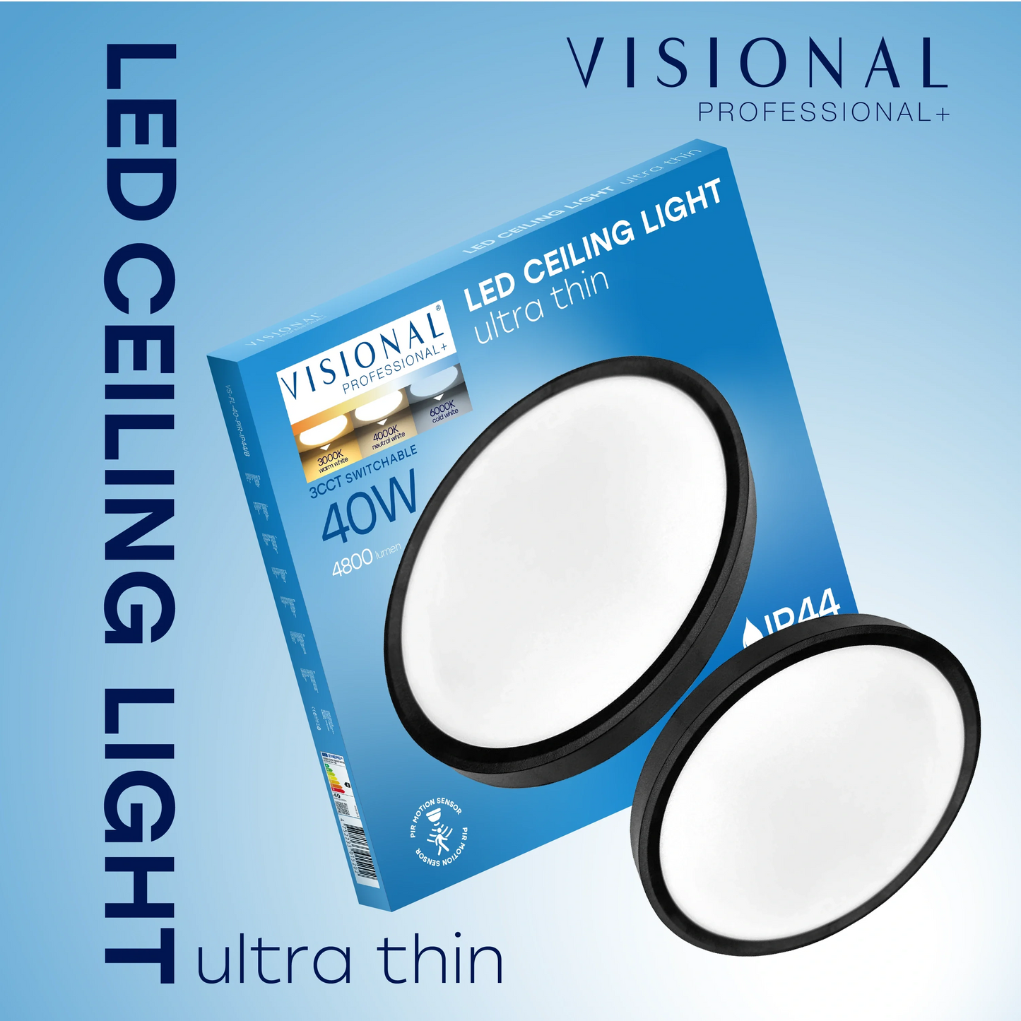 LED Vesitiivis valaisin PIR-liiketunnistimella 40W, 3CCT, 4800Lm, IP44, Ø 500 x 27 mm