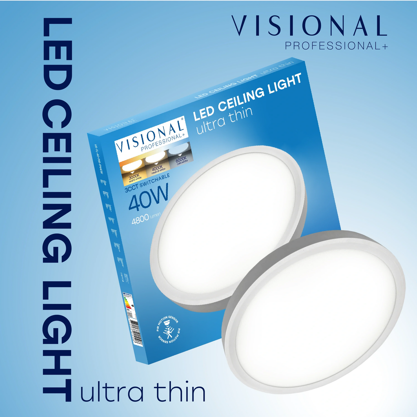 LED Vesitiivis valaisin PIR-liiketunnistimella 40W, 3CCT, 4800Lm, IP44, Ø 500 x 27 mm
