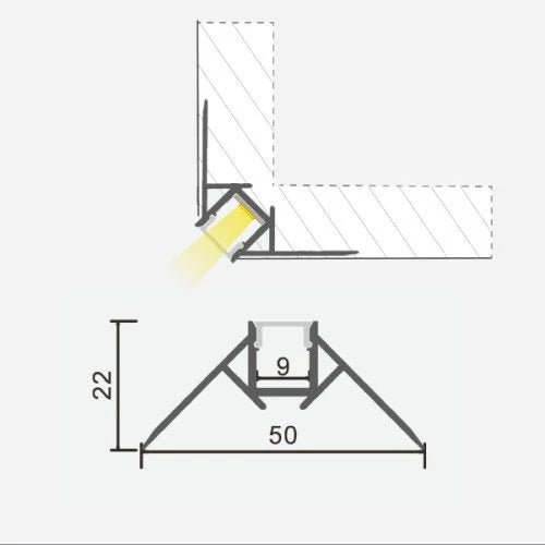 Ulkokulma anodisoitu alumiiniprofiili LED-nauhalle HB-50X22WC