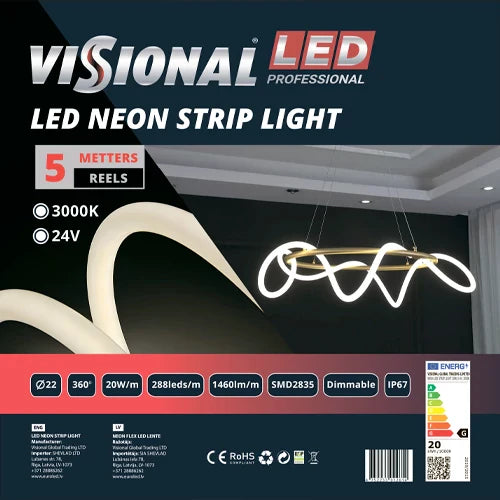 LED-neon nauha 5m, 3000K, IP67, 24V, 20W/m, NEON FLEX, Professional