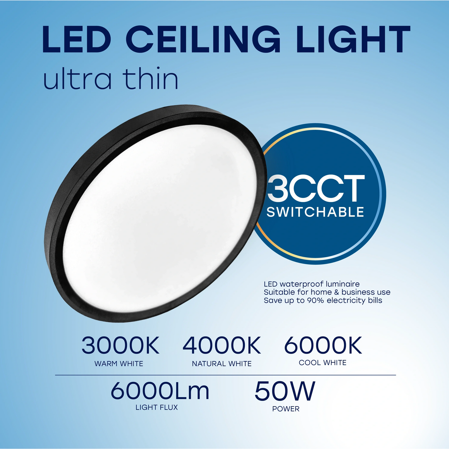 LED Vesitiivis valaisin 50W, 3CCT, 6000Lm, IP44, Ø 600 x 27 mm