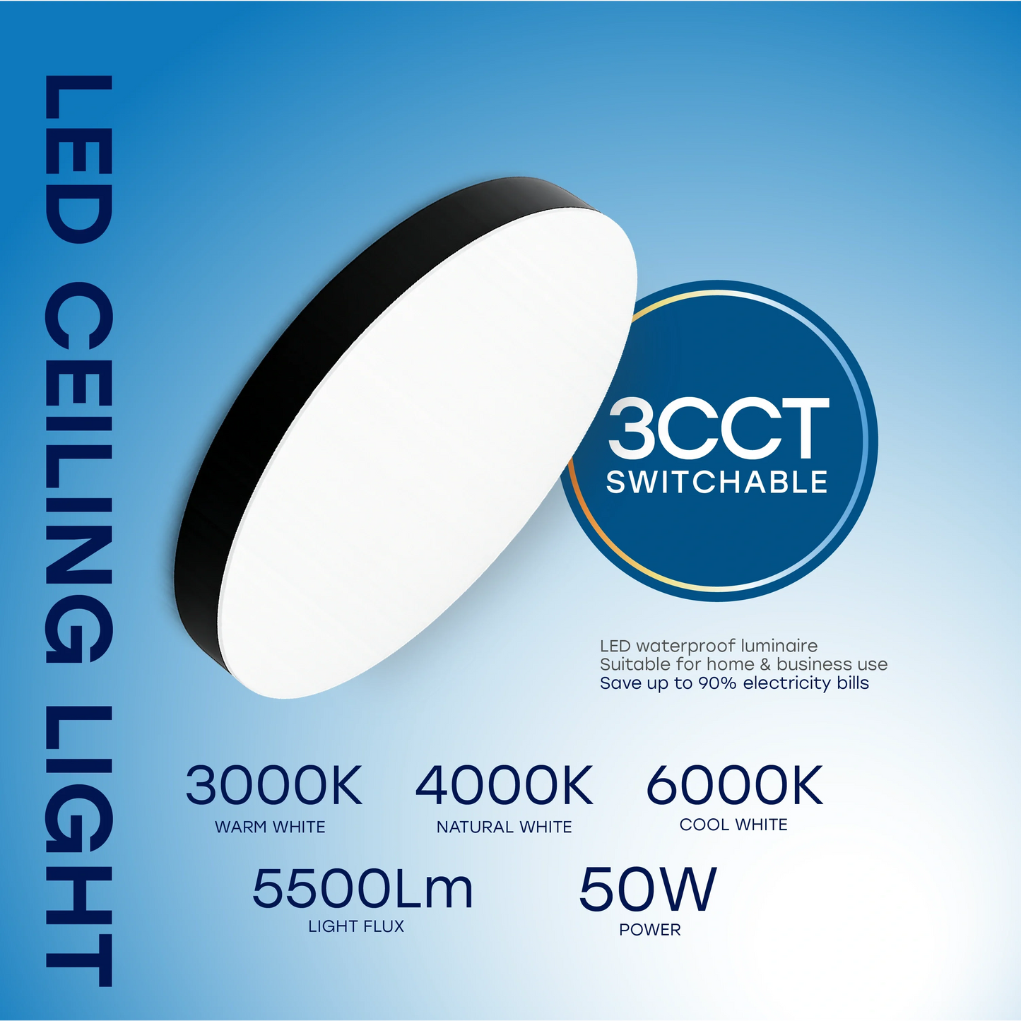 LED Vesitiivis valaisin 50W, 3CCT, 5500Lm, IP54, Ø 500 x 42 mm