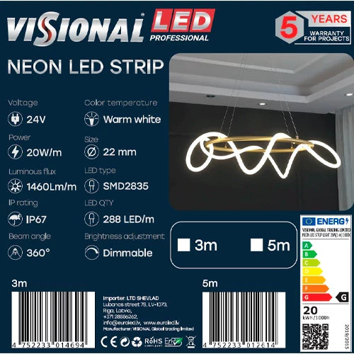 LED neon-nauha 3m, 3000K, IP67, 24V, 20W/m, NEON FLEX, Professional