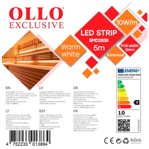 LED-nauha saunaan ja kylpyhuoneeseen 2835, 3000K, IP68, 24V, 10W