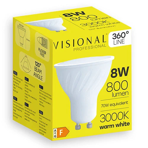 LED-lamppu GU10, 8W, 120°, 3000K, 800Lm