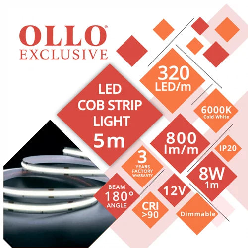 LED-nauha COB 6000K, IP20, 12V, 8W