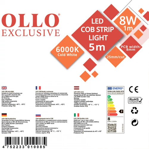 LED-nauha COB 6000K, IP20, 12V, 8W
