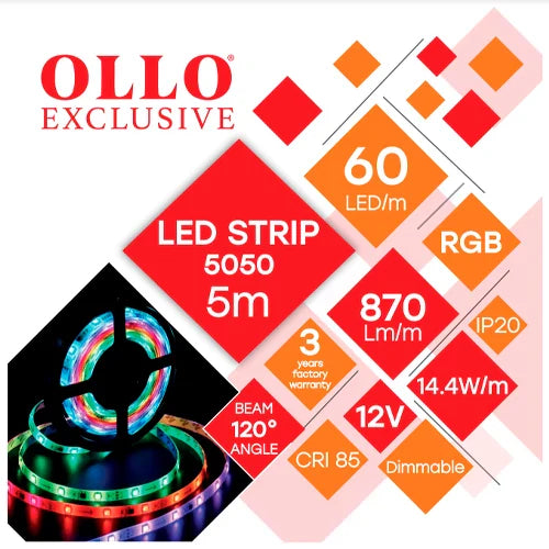LED-nauha 5050, RGB, IP20, 12V, 14.4W