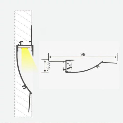 Anodisoitu baguette- ja jalkalista-alumiiniprofiili LED-nauhalle HB-98X18.8