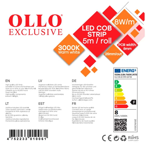 LED-nauha COB 3000K, IP20, 12V, 8W