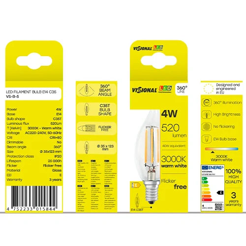 LED Filamenttivalo E14, C35T, 4W, 520lm, 3000K, 360°