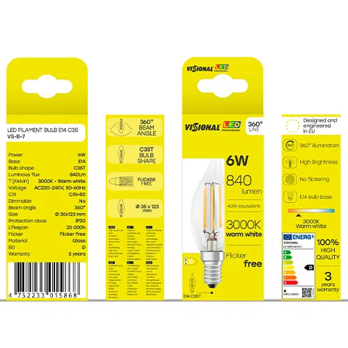 LED Filamenttipolttimo E14, C35T, 6W, 840lm, 3000K, 360°