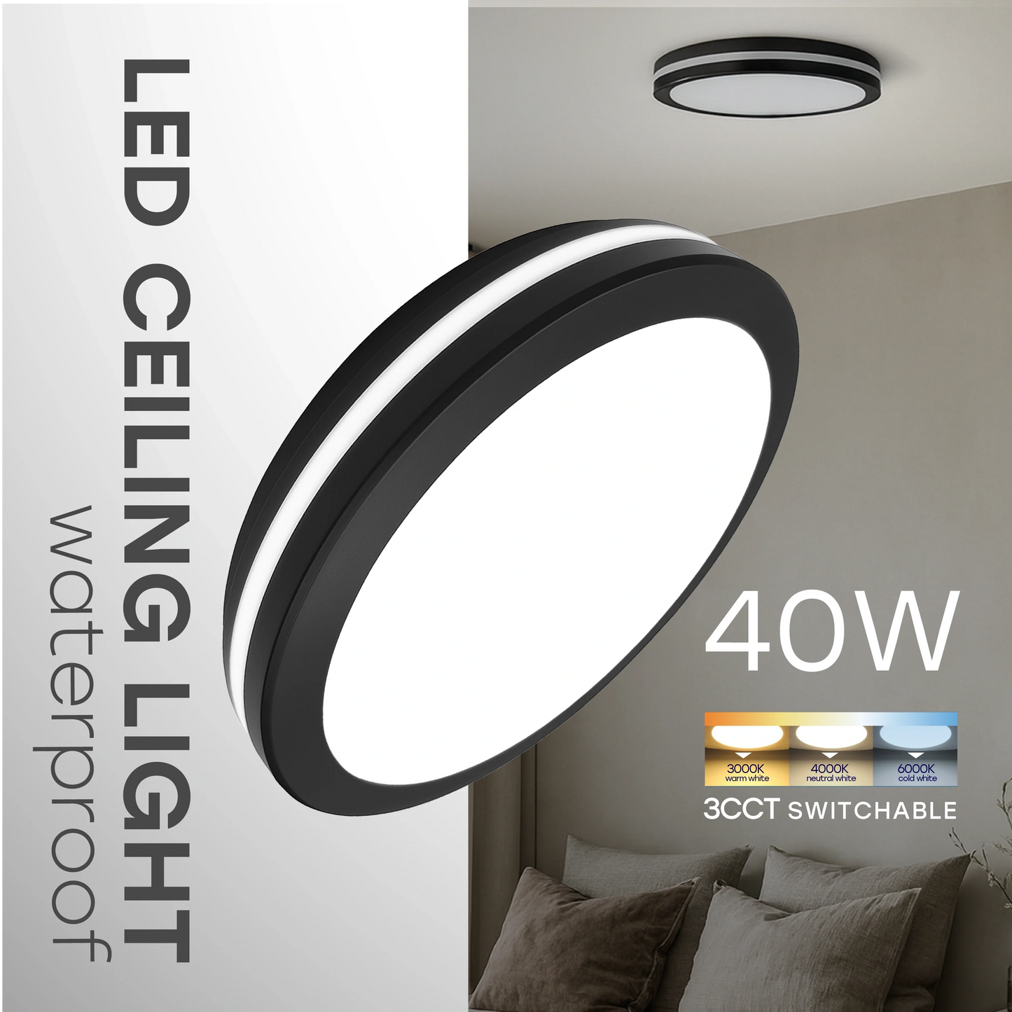 LED Vesitiivis valaisin 40W, 3CCT, 4800Lm, IP65, Ø 400 x 55 mm
