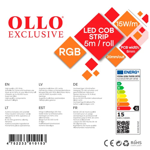 LED-nauha COB RGB, IP20, 12V, 15W