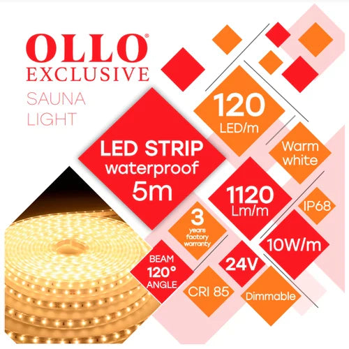 LED-nauha saunaan ja kylpyhuoneeseen 2835, 3000K, IP68, 24V, 10W