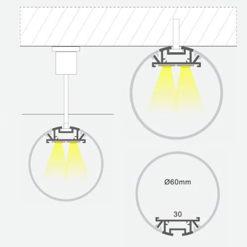 Pyöreä anodisoitu alumiiniprofiili 1-3 LED-nauhoille HB-60D