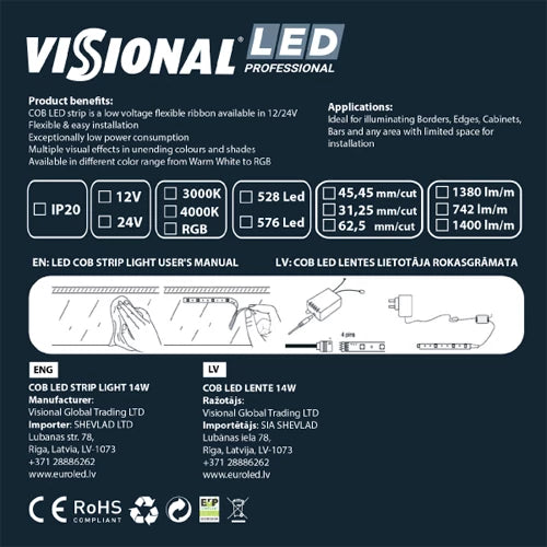 LED-nauha COB RGB, IP20, 12V, 14W