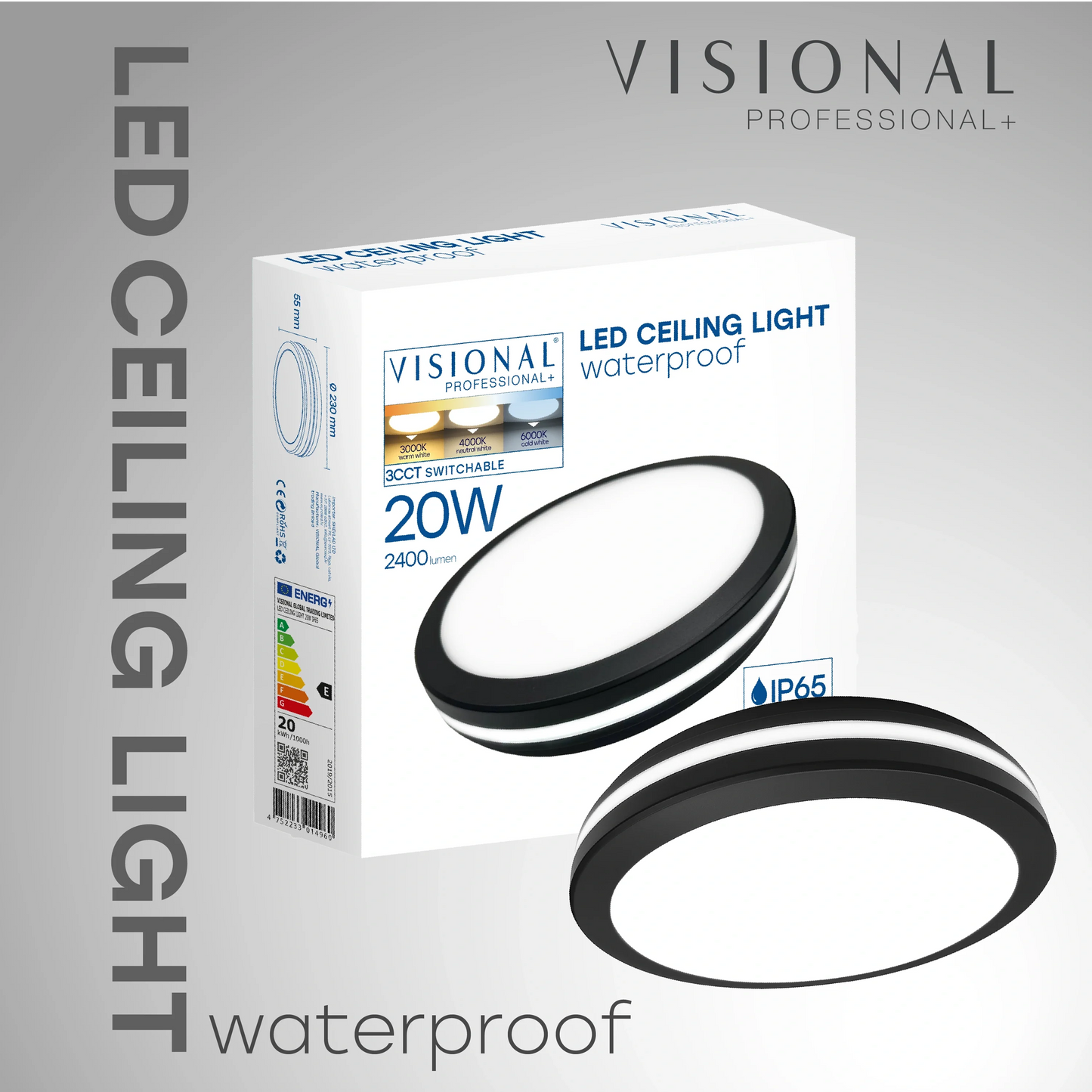 LED Vesitiivis valaisin 20W, 3CCT, 2400Lm, IP65, Ø 230 x 55 mm