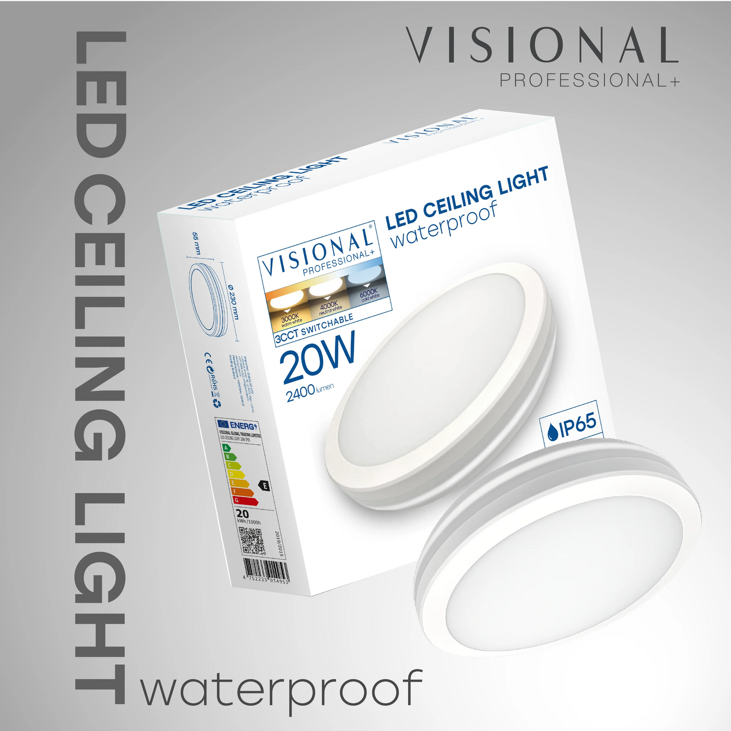 LED Vesitiivis valaisin 20W, 3CCT, 2400Lm, IP65, Ø 230 x 55 mm