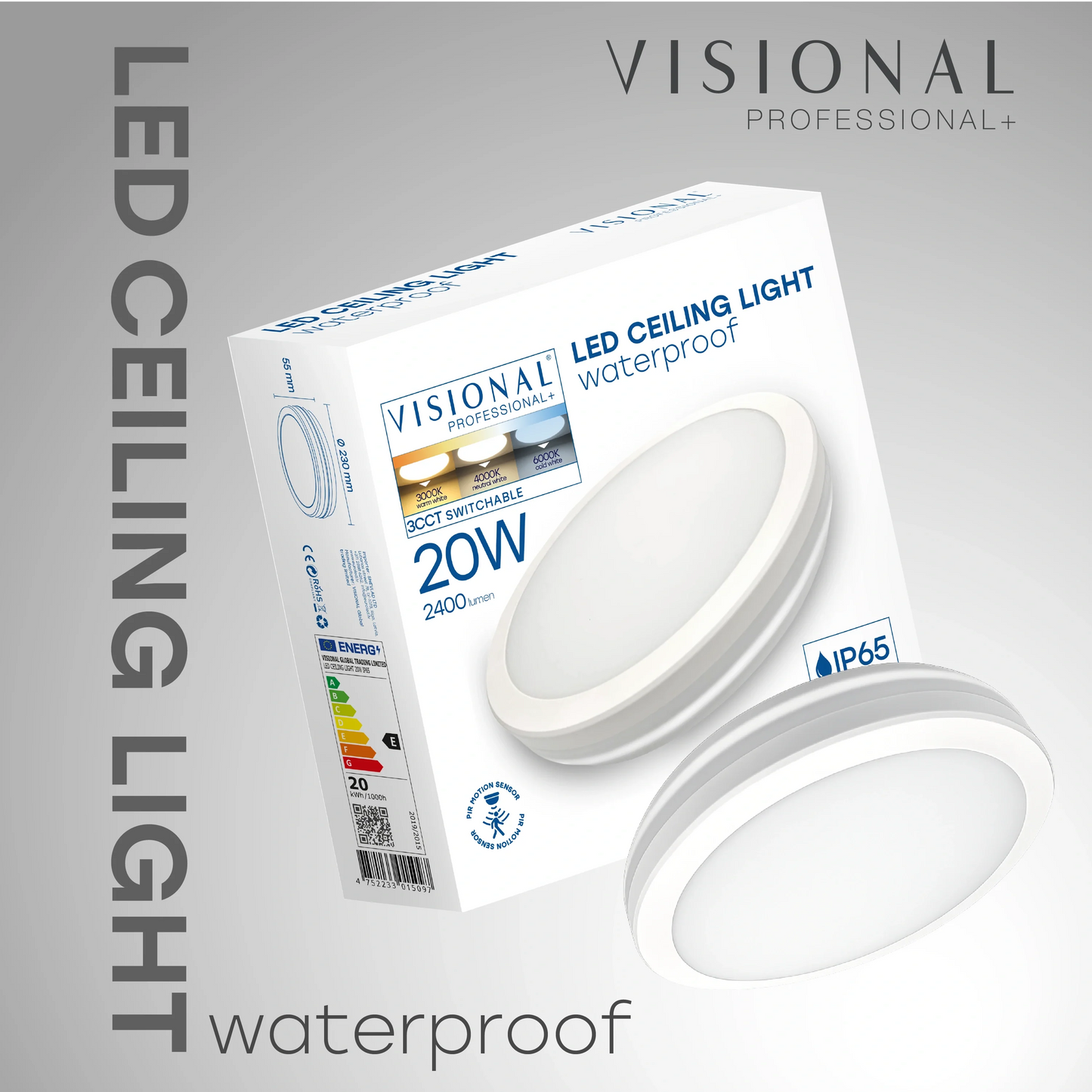 LED Vesitiivis valaisin PIR-liiketunnistimella 20W, 3CCT, 2400Lm, IP65, Ø 230 x 55 mm
