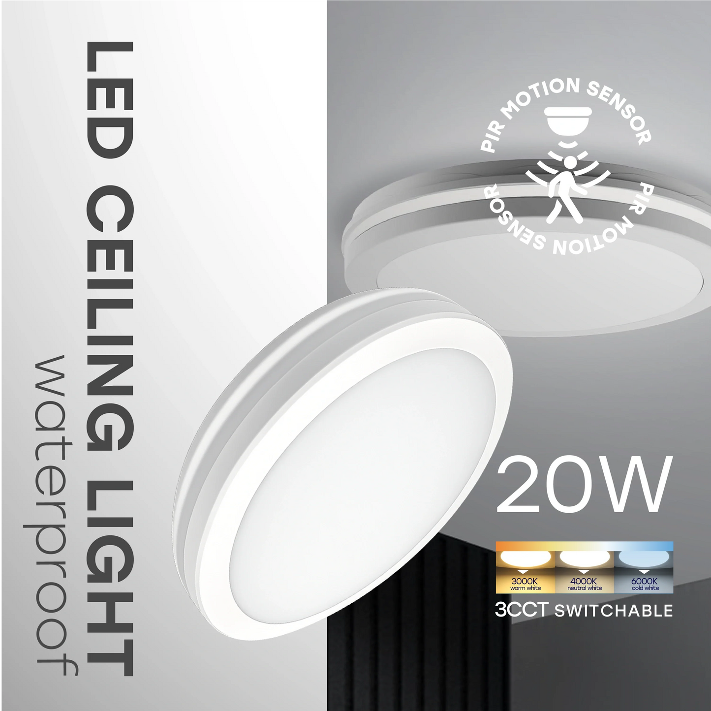 LED Vesitiivis valaisin PIR-liiketunnistimella 20W, 3CCT, 2400Lm, IP65, Ø 230 x 55 mm
