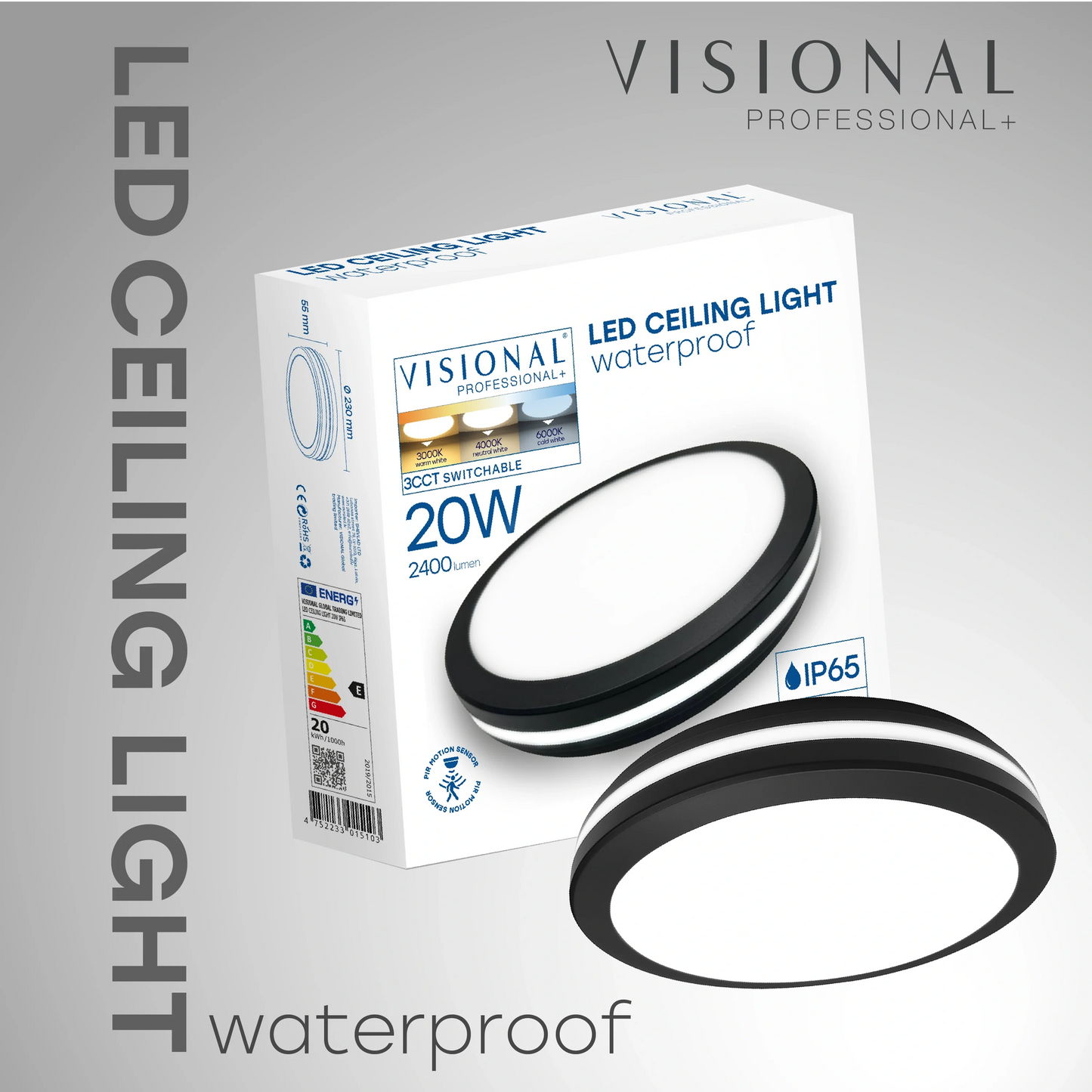 LED Vesitiivis valaisin PIR-liiketunnistimella 20W, 3CCT, 2400Lm, IP65, Ø 230 x 55 mm