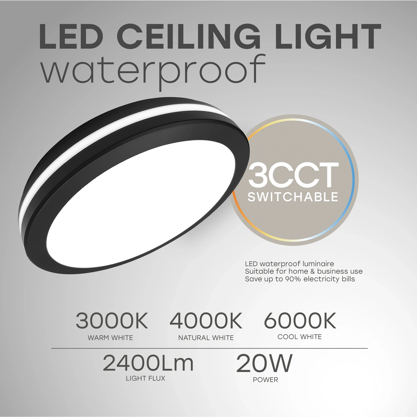 LED Vesitiivis valaisin 20W, 3CCT, 2400Lm, IP65, Ø 230 x 55 mm