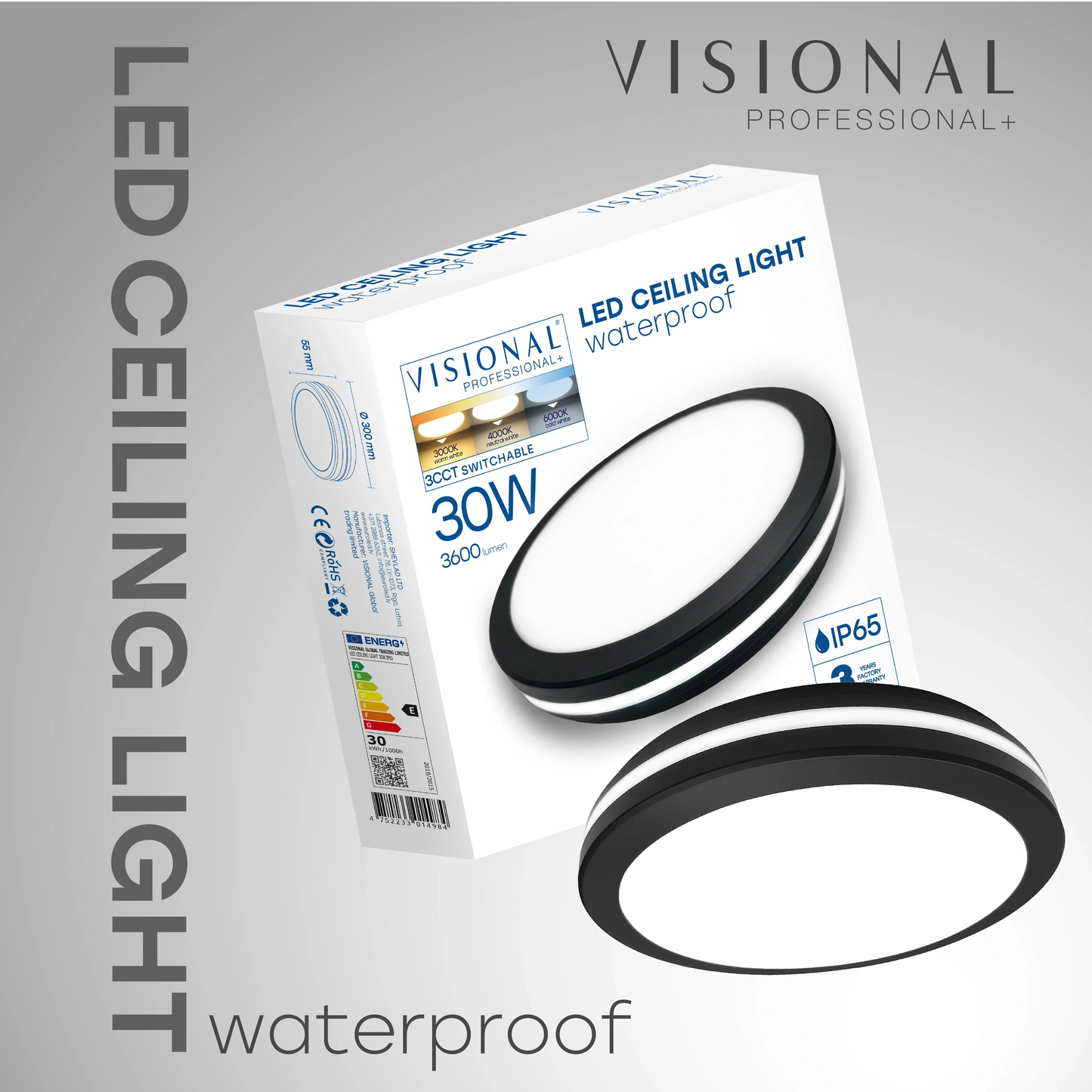 LED Vesitiivis valaisin 30W, 3CCT, 3600Lm, IP65, Ø 300 x 55 mm