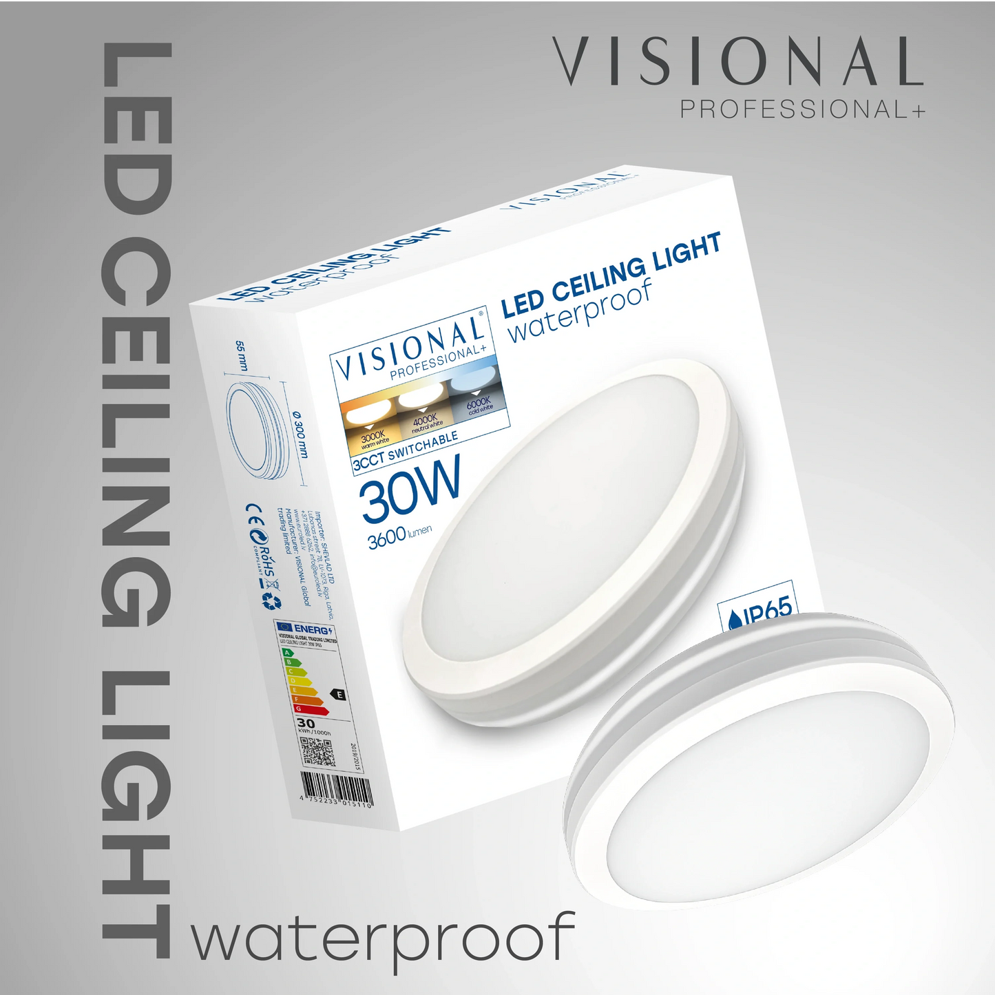 LED Vesitiivis valaisin 30W, 3CCT, 3600Lm, IP65, Ø 300 x 55 mm