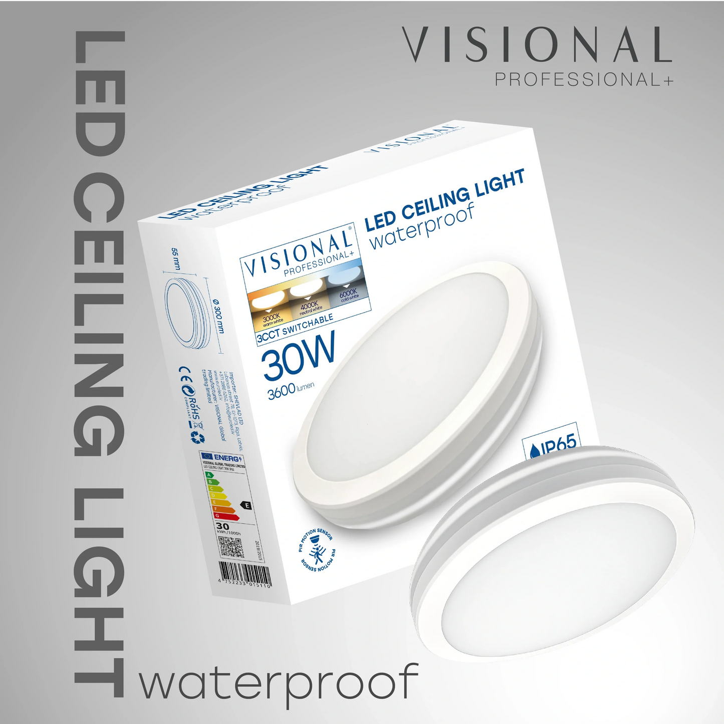 LED Vesitiivis valaisin PIR-liiketunnistimella 30W, 3CCT, 3600Lm, IP65, Ø 300 x 55 mm