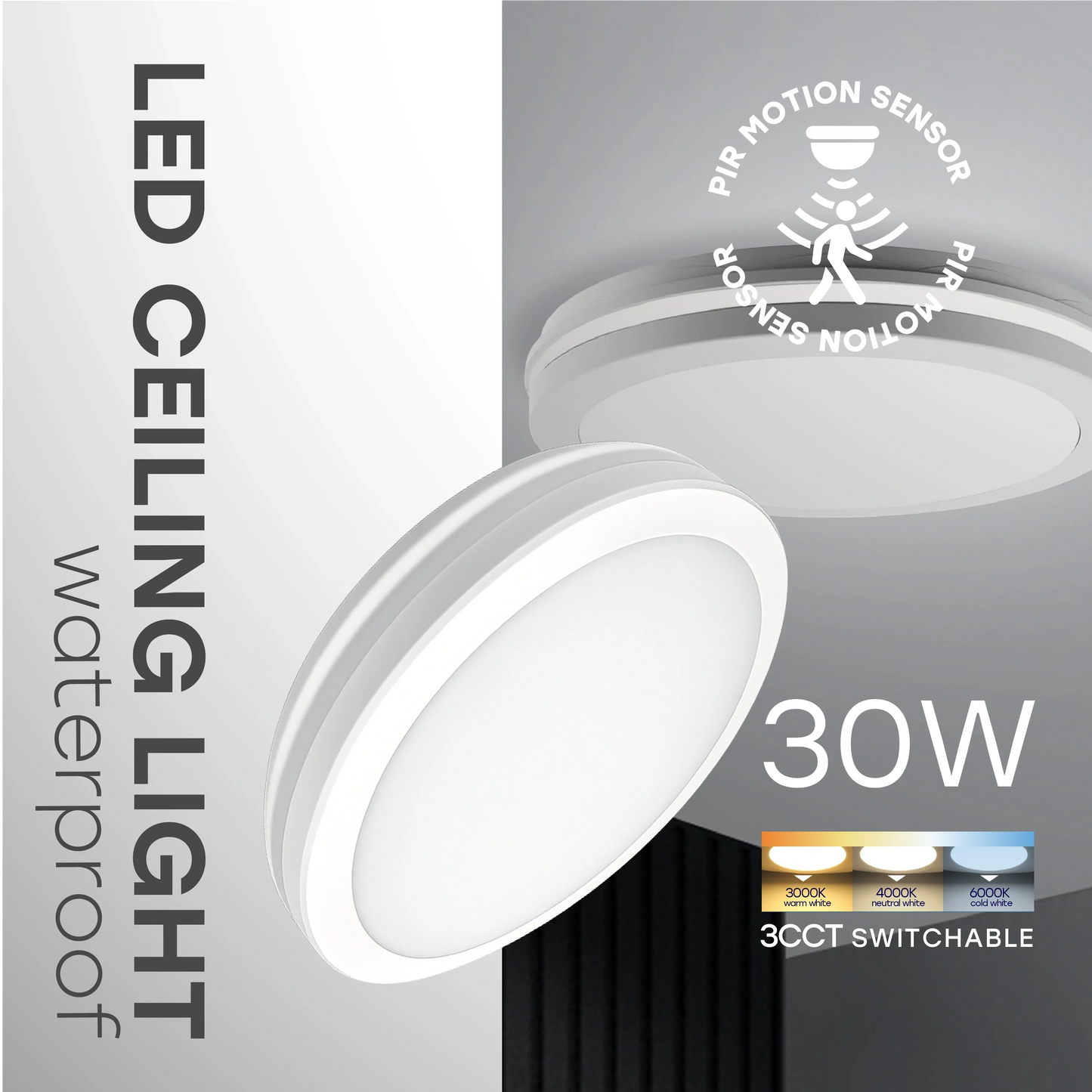 LED Vesitiivis valaisin PIR-liiketunnistimella 30W, 3CCT, 3600Lm, IP65, Ø 300 x 55 mm