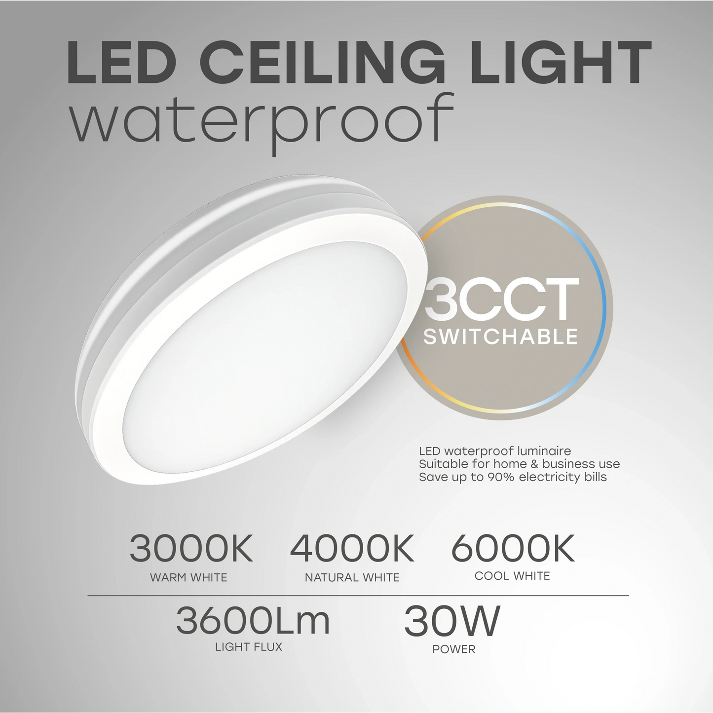 LED Vesitiivis valaisin 30W, 3CCT, 3600Lm, IP65, Ø 300 x 55 mm